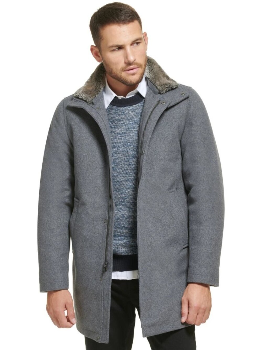 Calvin Klein Men's Gray Wool Blend Overcoat Faux Fur Collar Zip Snap Size M